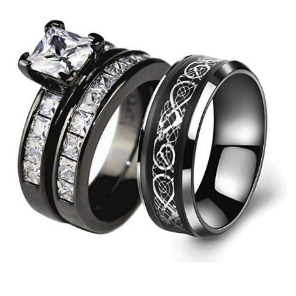 New Bridal His & Hers Sapphire black Wedding Ring Set